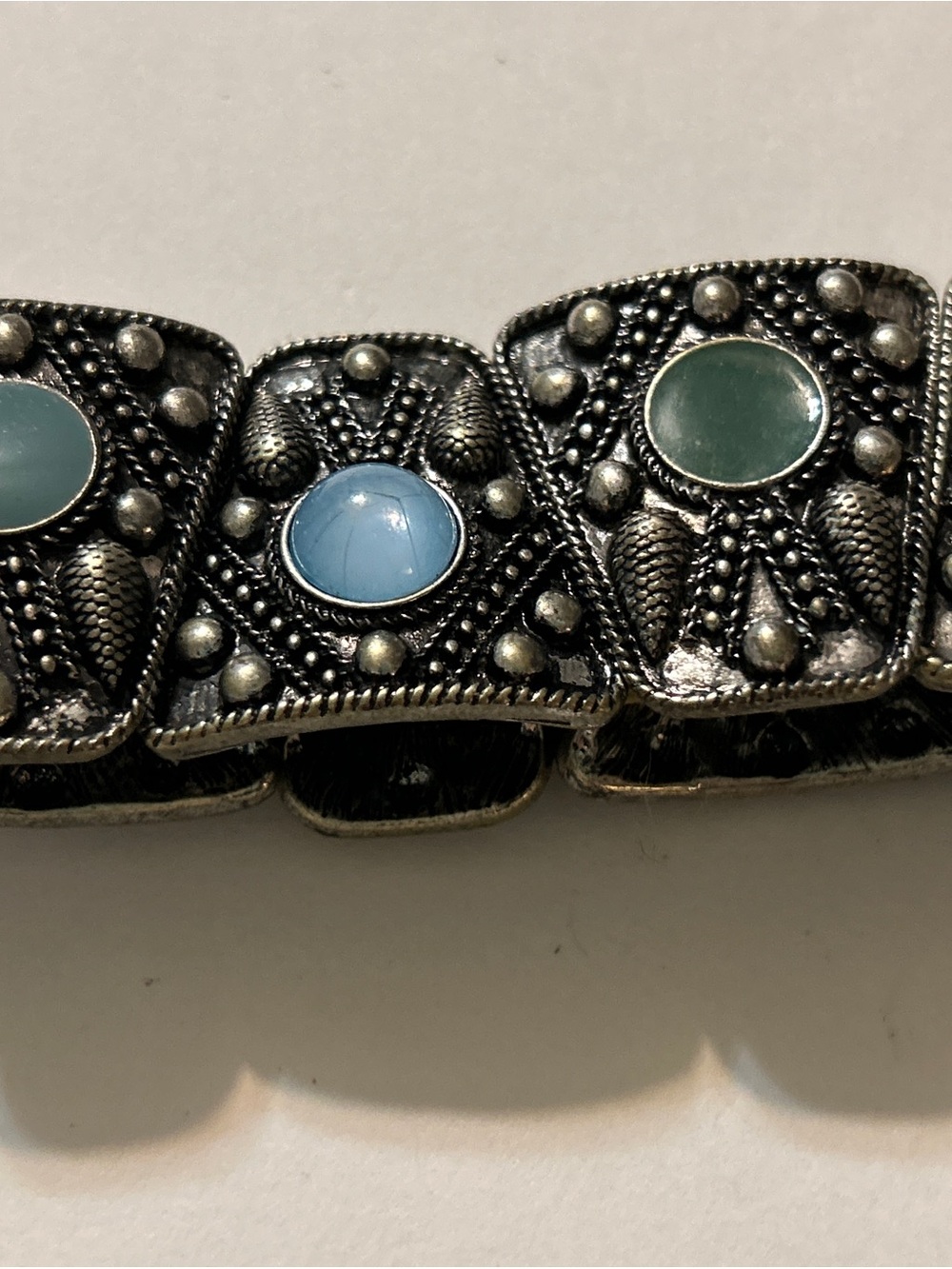 Vtg Moroccan Style Silver Blue Green Cabochon Stretch Bracelet